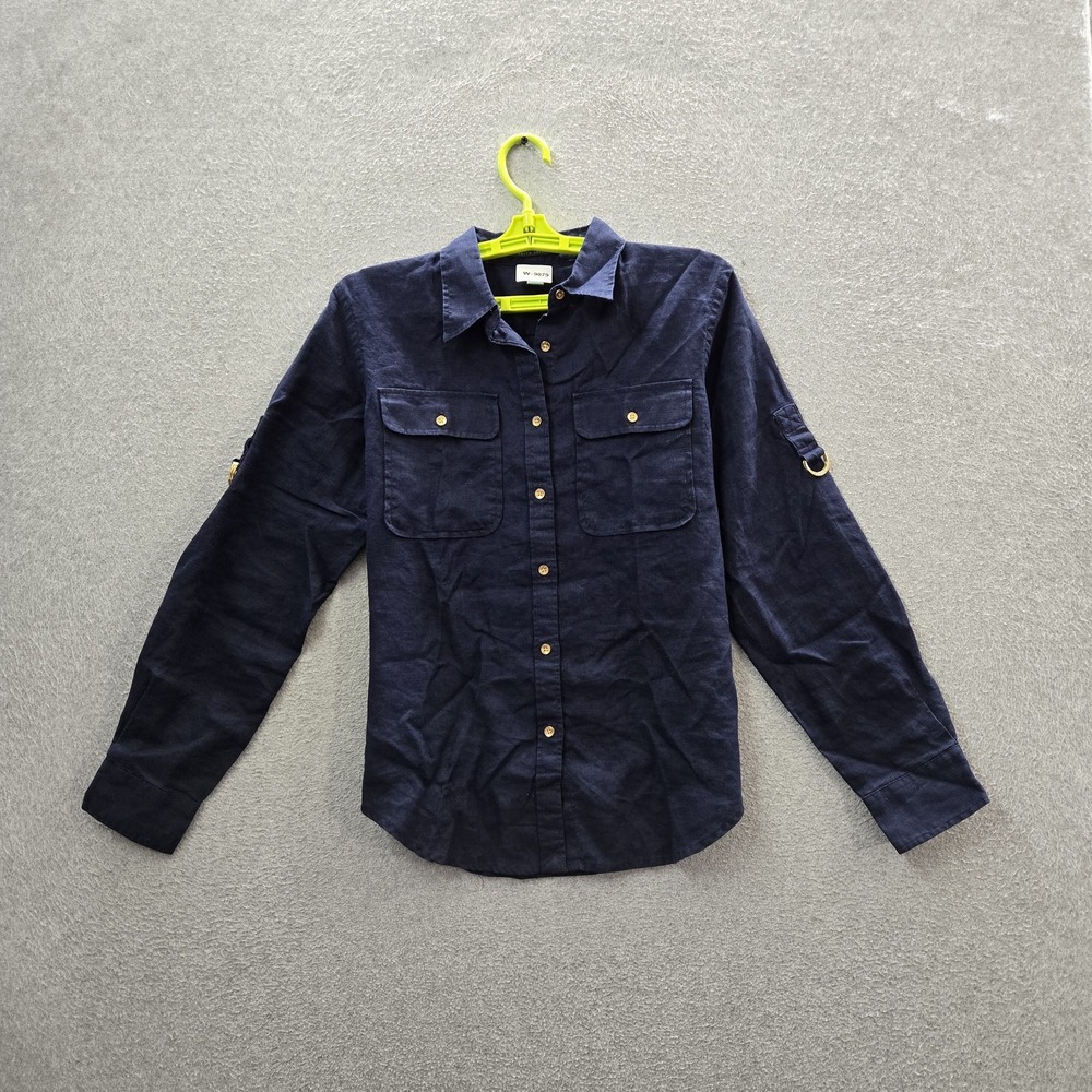 Lauren Ralph Lauren Women Button Up Shirt M Navy Blue Collared Military Utility